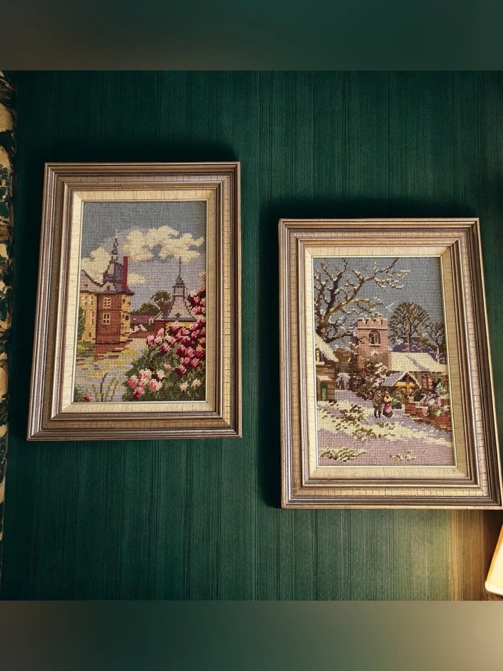 Vtg Handcrafted Needlepoint Tapestry Scenic Snow Village Renaissance Gold Frame